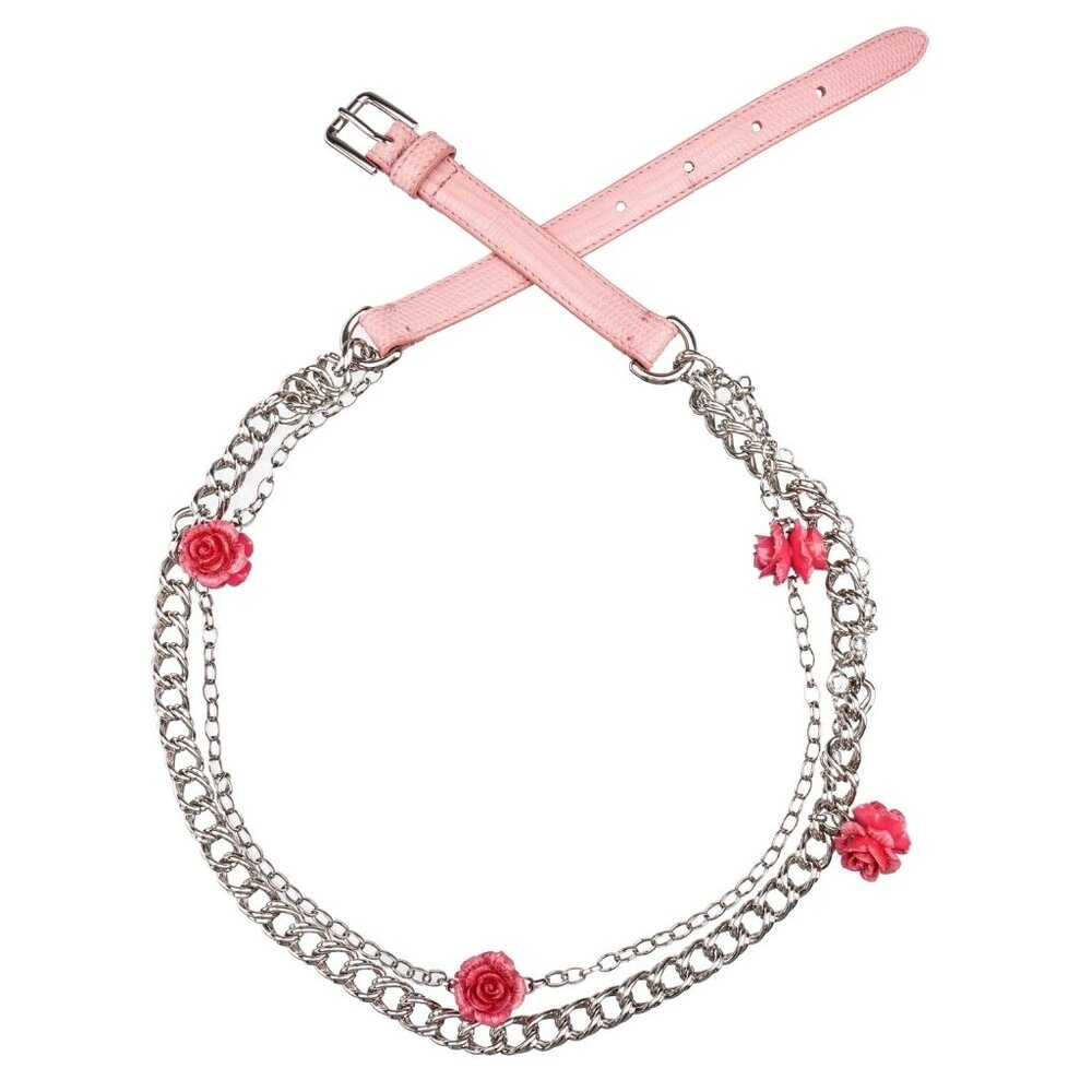 Dolce & Gabbana Pink Roses Crystal Leather Chain Belt - Size Small